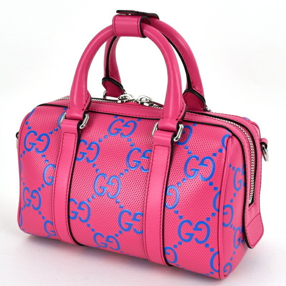 Gucci GG Embossed Duffel Bag Leather Crossbody Fuchsia Pink Blue - Picture 3 of 16
